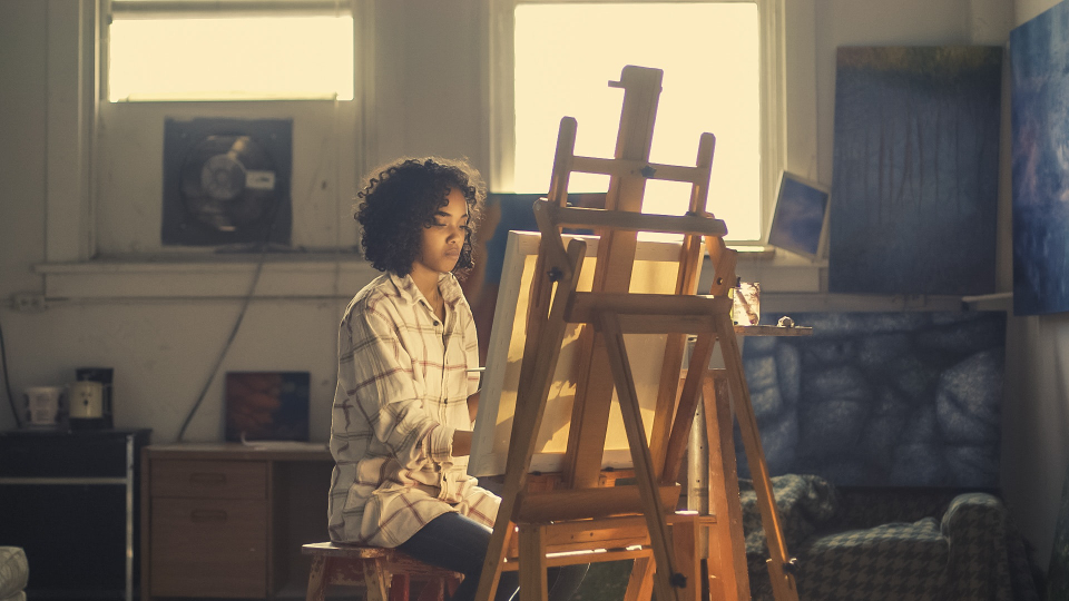 The Art Vest Studio workroom in Huntly, Virginia, with paintings leaning against the walls and natural light across the floor
